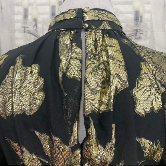 Alex Marie Black Gold Mock Neck Puff Sleeve Midi Dress Belted Pockets Cocktail - Picture 13 of 16